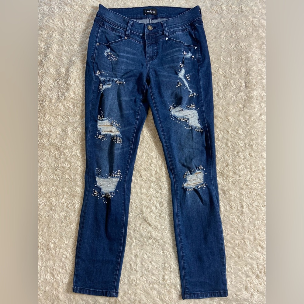 Bebe Bedazzled Low Rise Jeweled and Distressed Slim Straight Leg Jeans Size 26
